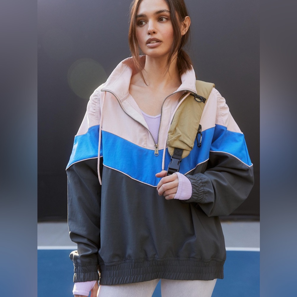 Free People Colorblock Windbreaker Jacket in Pink, Blue, Olive, and Charcoal